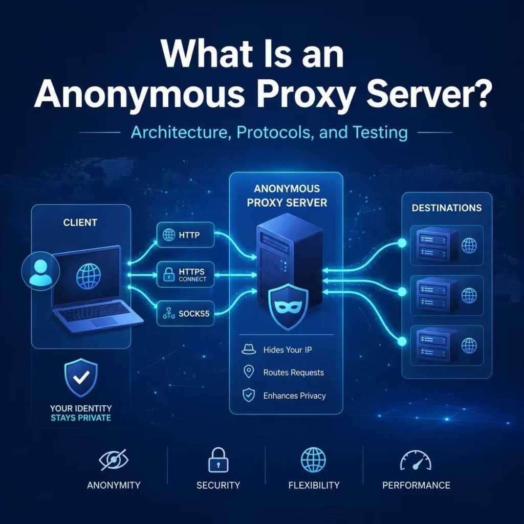 Anonymous proxy server diagram showing client traffic routed through HTTP, HTTPS CONNECT, and SOCKS5 to destination servers