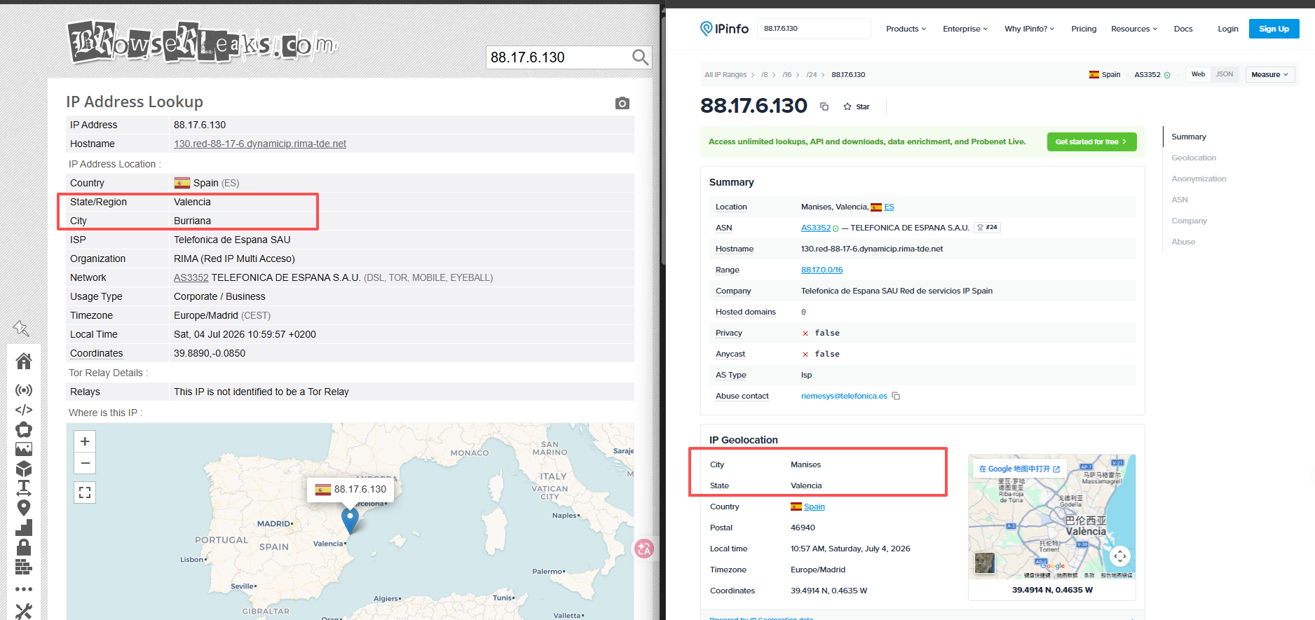 Different IP geolocation tools showing different city-level locations for the same IP address
