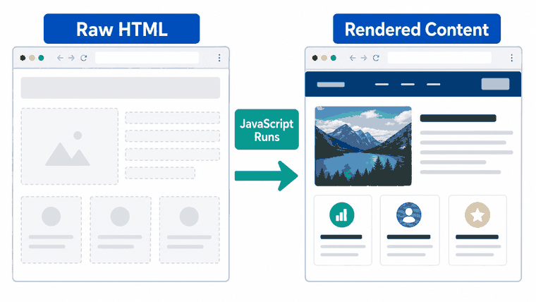 Comparison of raw HTML and rendered dynamic content