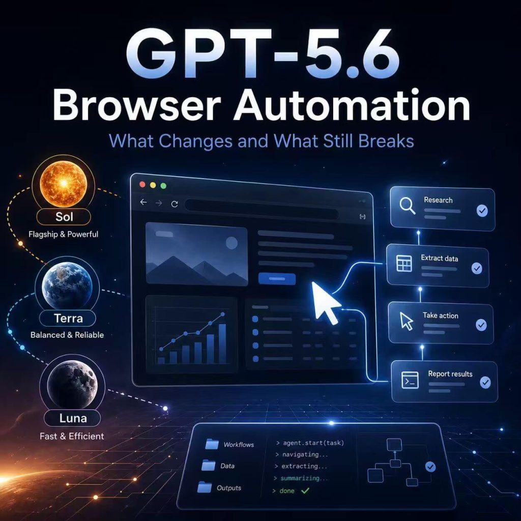 GPT-5.6 browser automation cover showing Sol, Terra, Luna, and an AI agent workflow