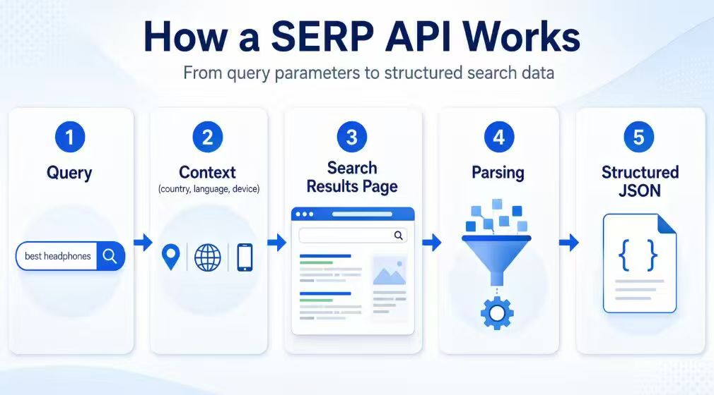 How a SERP API turns a query and search context into structured JSON data
