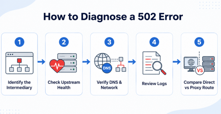 Five-step process for diagnosing a 502 error by identifying the intermediary, checking upstream health, verifying DNS, reviewing logs, and comparing proxy routes