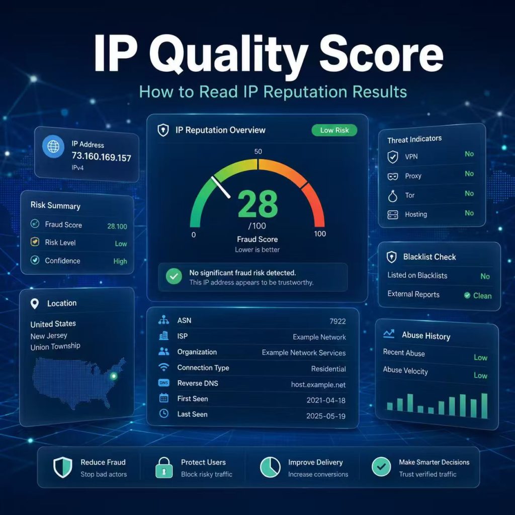 IP quality score dashboard showing IP reputation risk labels ASN blacklist status and location details