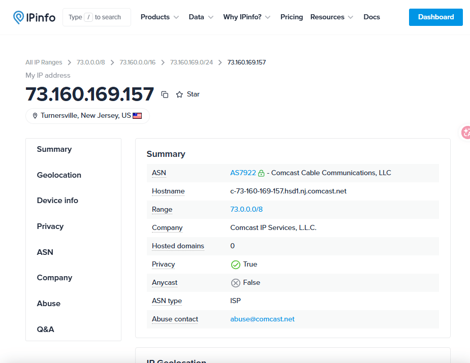 IP lookup result showing IP address location ASN company and network type