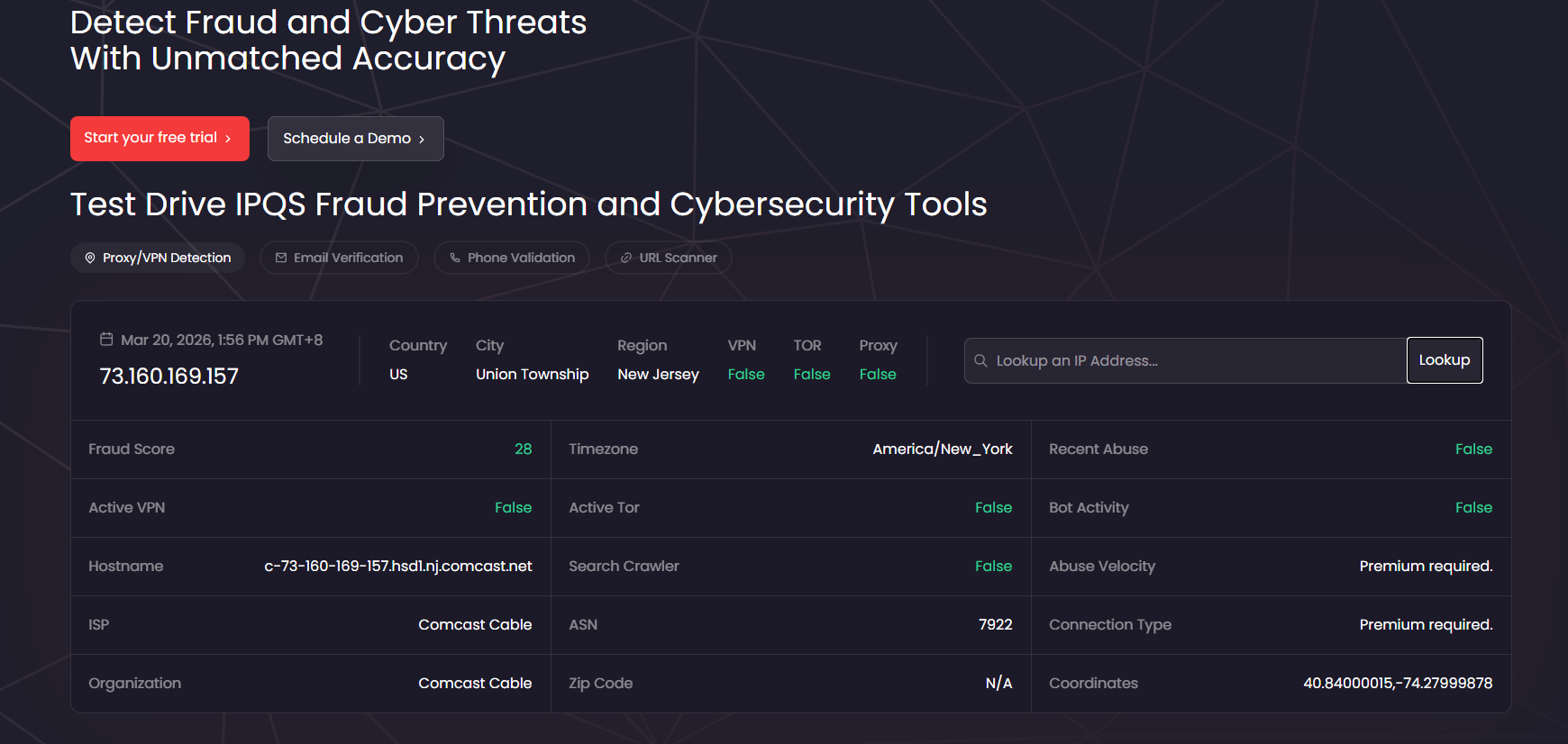 IPQualityScore fraud score report showing IP reputation VPN proxy TOR ASN ISP location and recent abuse fields