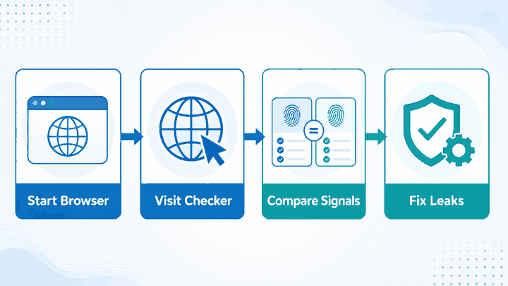 Workflow for checking proxy anonymity across IP DNS WebRTC and headers