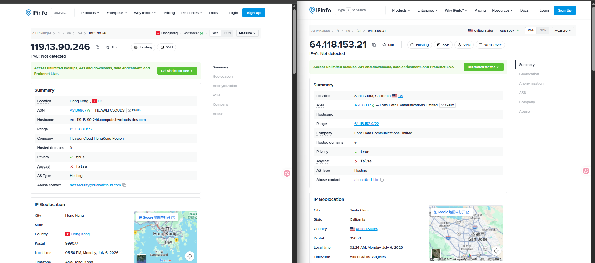 Curl IPInfo result showing different visible IP addresses before and after proxy setup