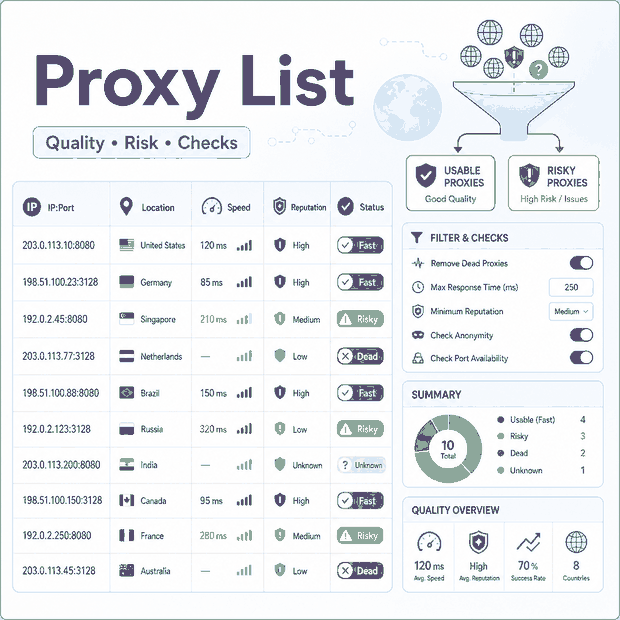 Proxy list quality and risk checks dashboard