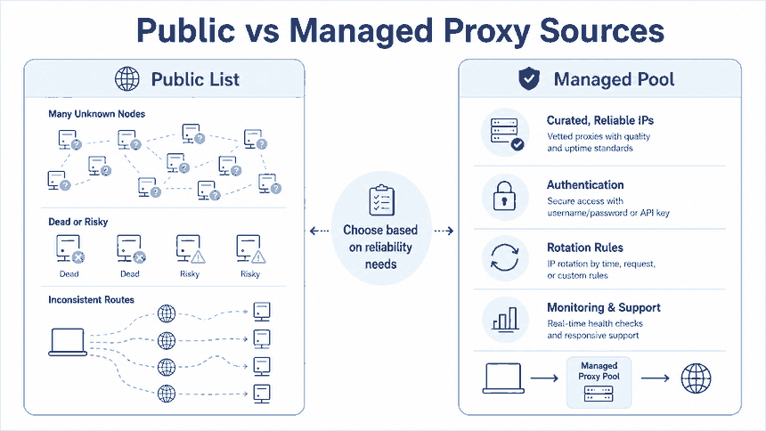 Public proxy list compared with managed proxy sources for reliability