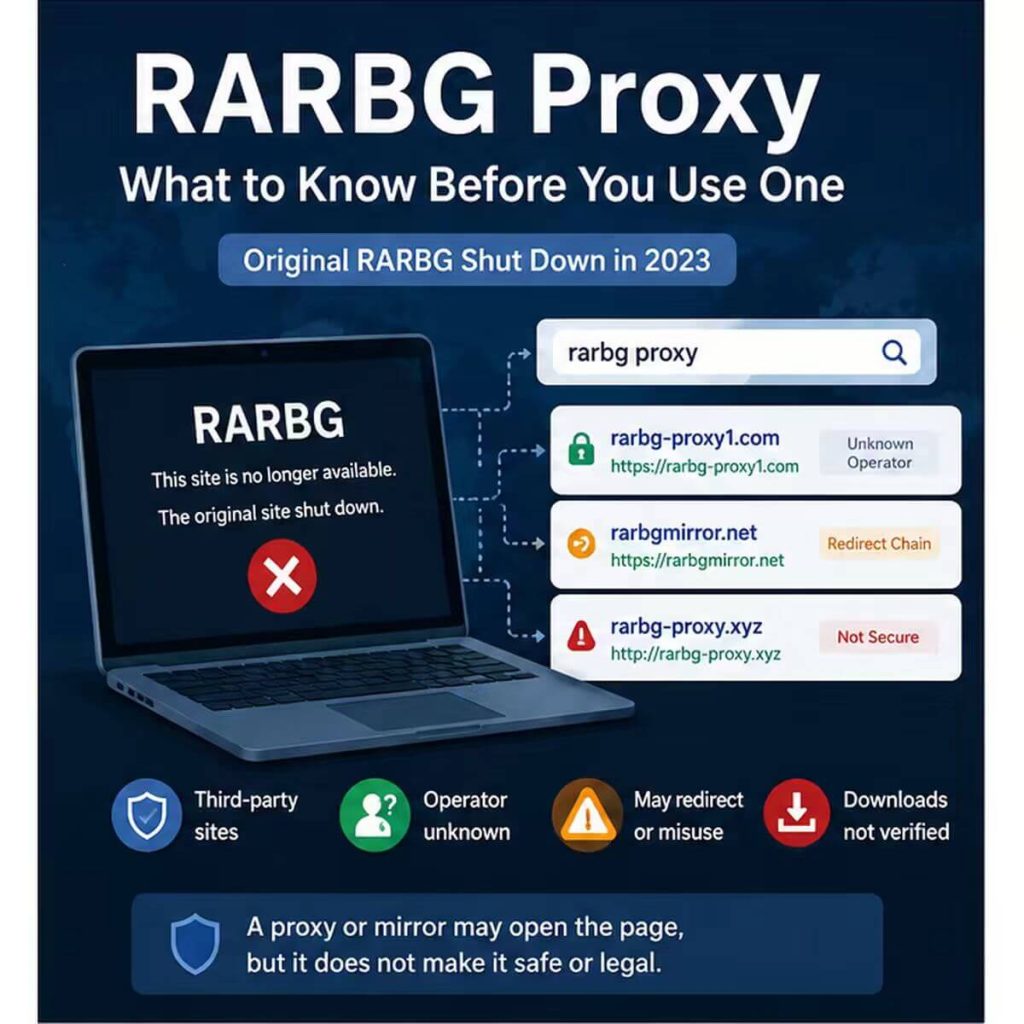 RARBG proxy search results showing third-party mirrors and verification risks