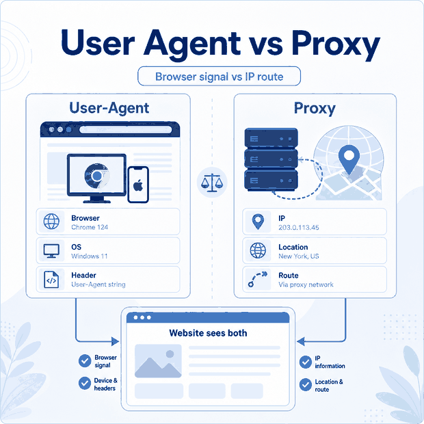 User agent browser signals compared with proxy IP routing