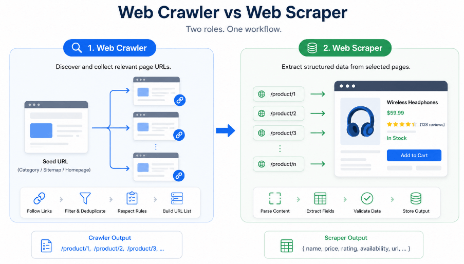 Two-stage workflow showing a web crawler discovering product URLs and a web scraper extracting structured data