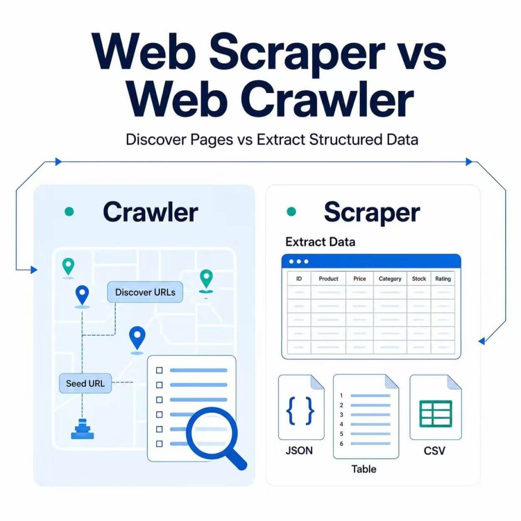 Diagram comparing a web crawler that discovers URLs with a web scraper that extracts page data