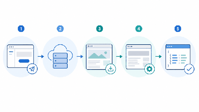 Web scraping API request flow from an application to a target page and returned data