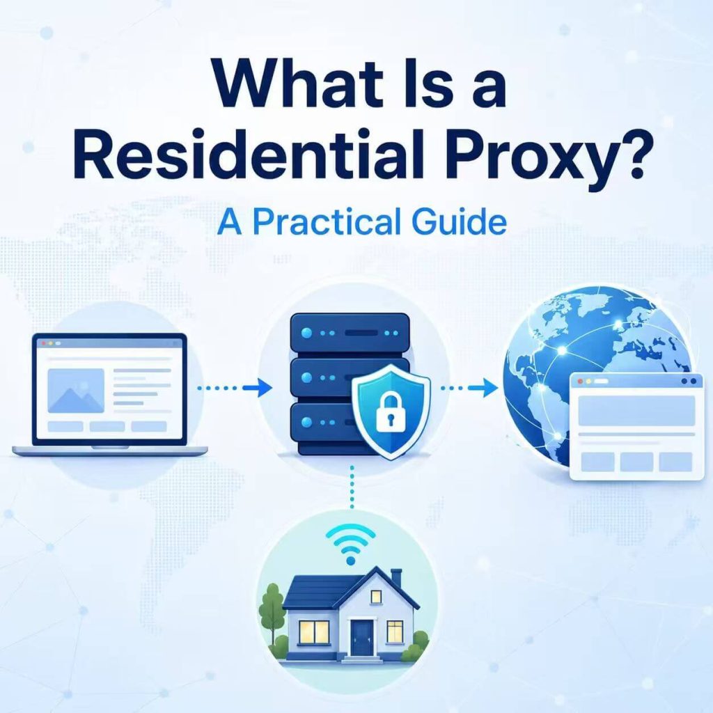 What is a residential proxy diagram showing device traffic routed through a residential proxy server and residential IP