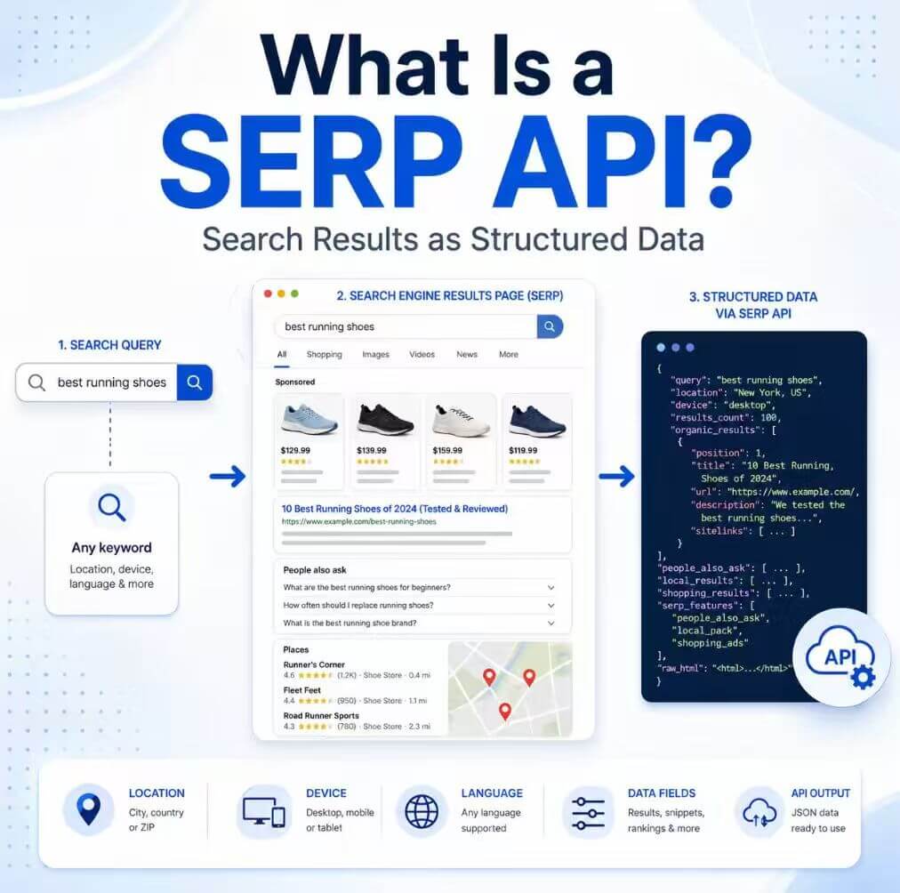 What is a SERP API cover image showing search results turned into structured data