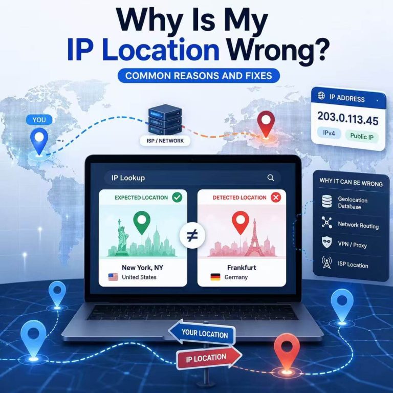 IP location mismatch explained with IP lookup, map pins, and geolocation database routing