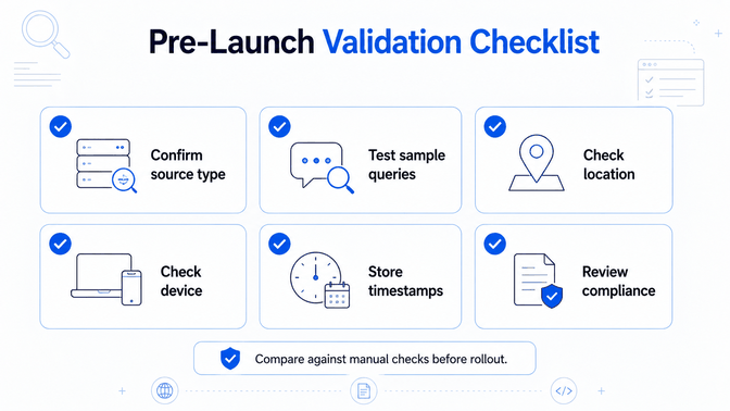 Pre-launch validation checklist for a Bing search data workflow covering source type, sample queries, location, device, timestamps, and compliance.