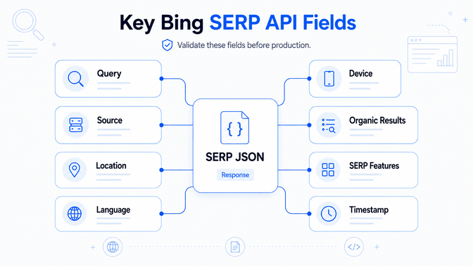 Key Bing SERP API response fields including query, source, location, language, device, organic results, SERP features, and timestamp.