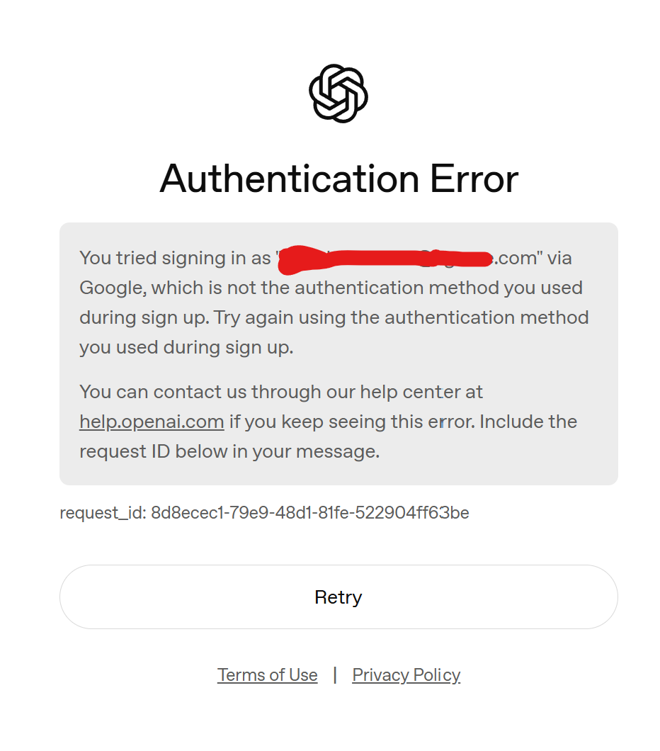 ChatGPT authentication method mismatch error during sign in
