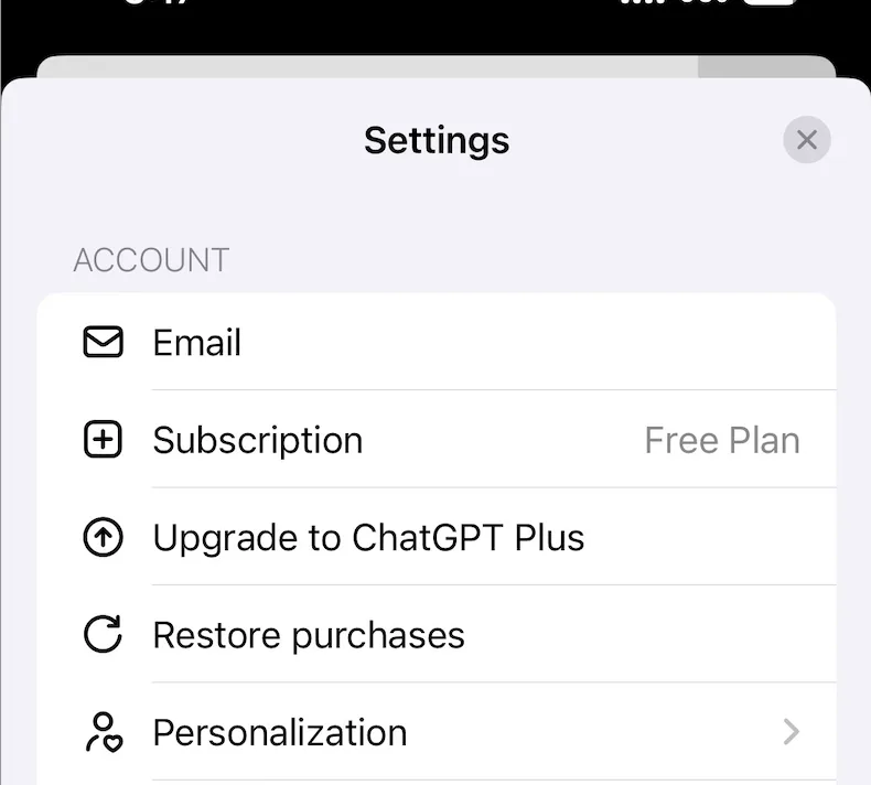 ChatGPT iOS settings showing Upgrade to ChatGPT Plus and Restore purchases