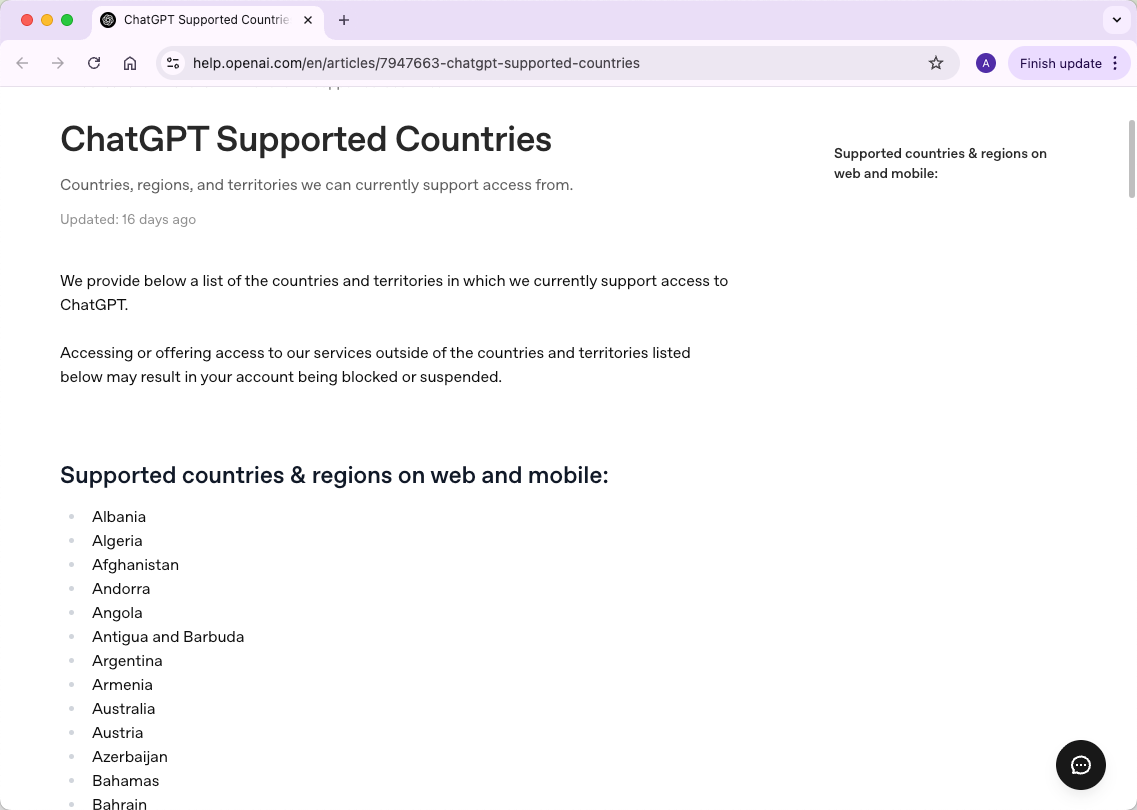 OpenAI ChatGPT supported countries page screenshot