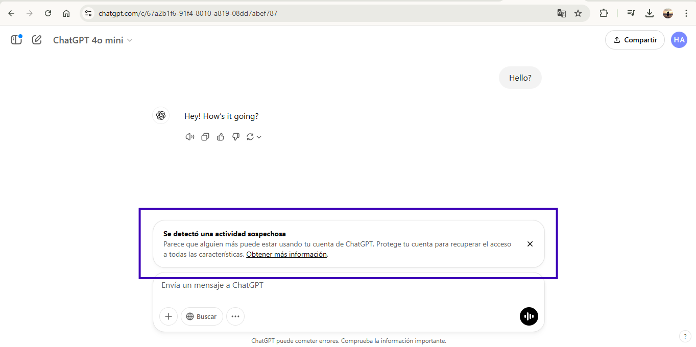 ChatGPT suspicious activity warning asking the user to secure the account