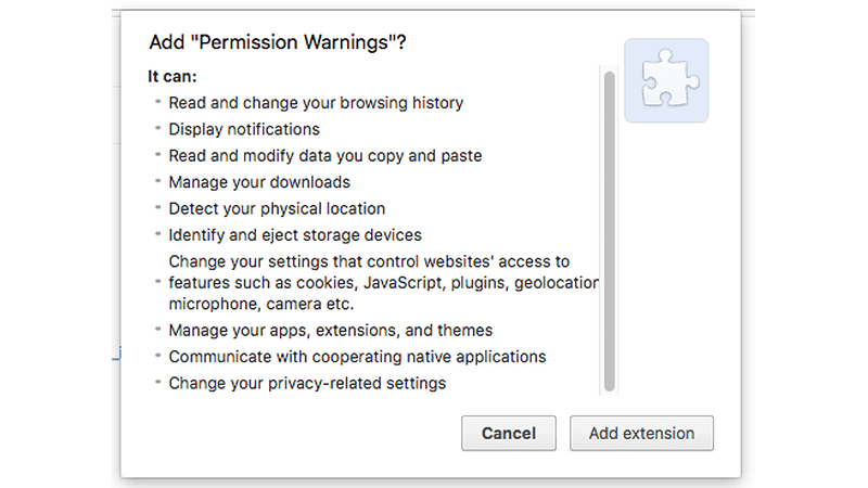 Chrome extension installation permission warning showing requested browser access