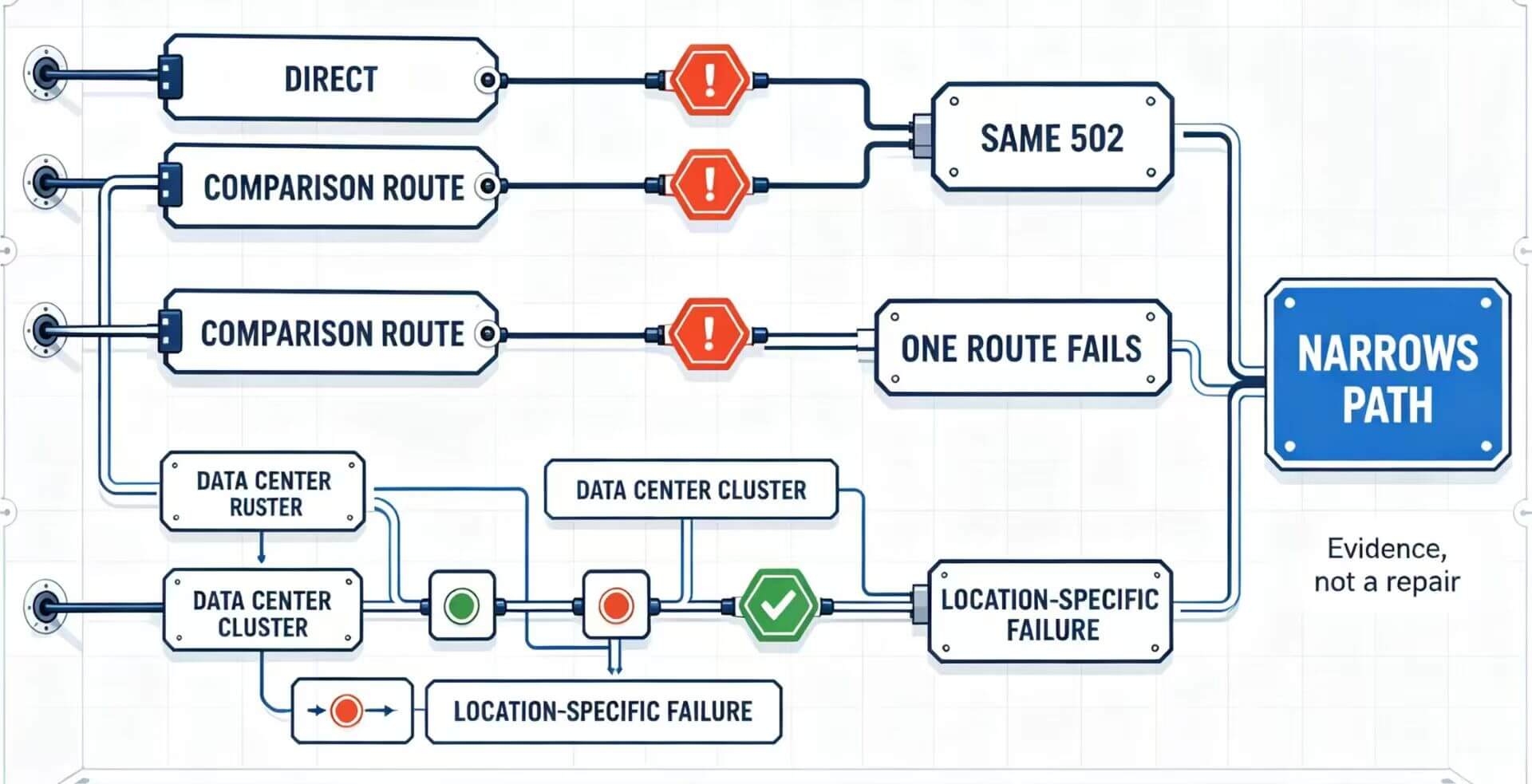 Route comparison outcomes and diagnostic limits for Cloudflare 502 errors