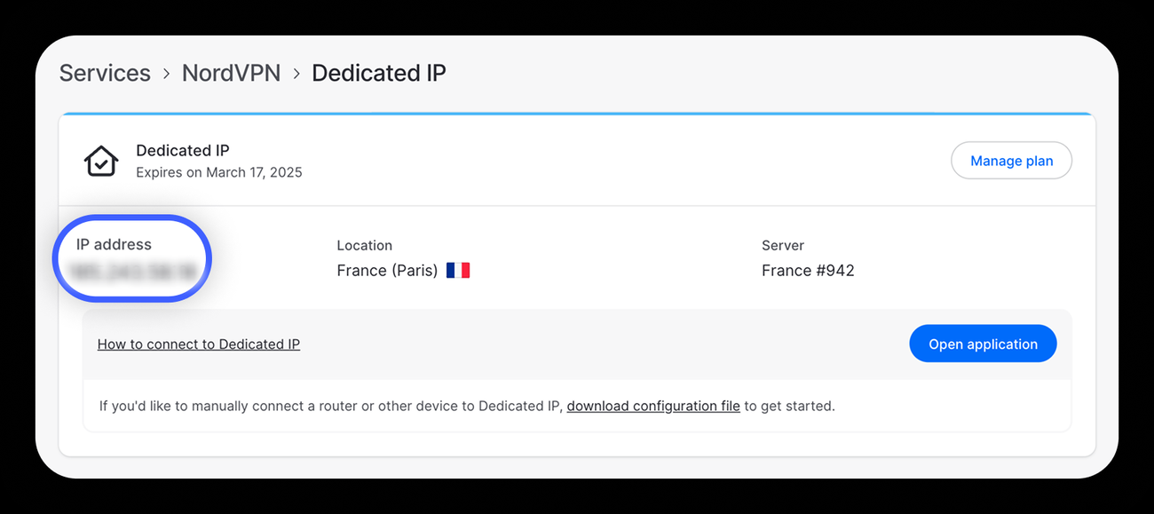 NordVPN dedicated IP page showing the assigned IP address, location, and server