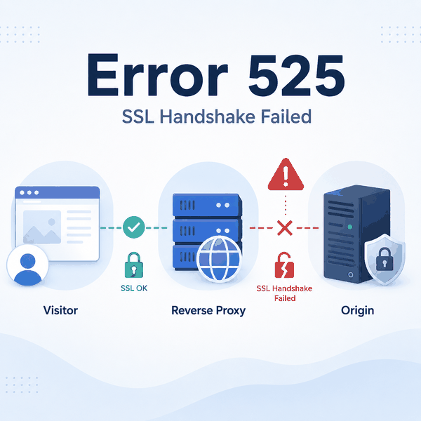 Error 525 SSL Handshake Failed cover showing a successful visitor connection to a reverse proxy and a failed TLS connection to the origin server