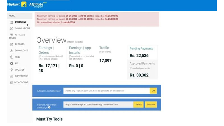 Flipkart Affiliate dashboard showing API reports downloads and affiliate link generator