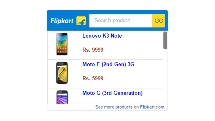Official Flipkart Affiliate search widget displaying product names and prices