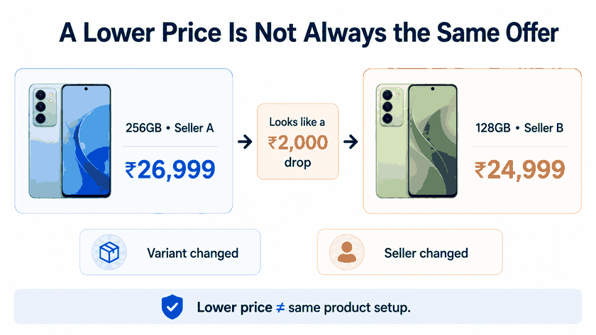 Flipkart false price drop example comparing different variants and sellers