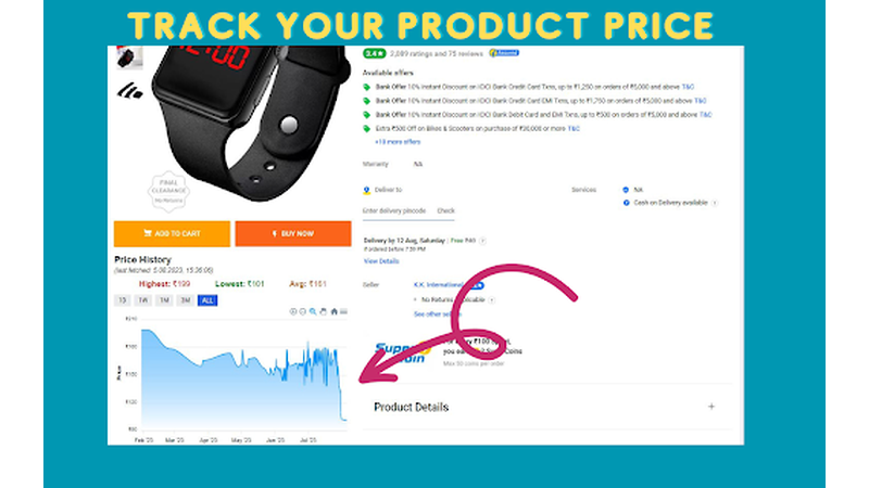 Flipkart Price Tracker extension showing product price history on a Flipkart product page