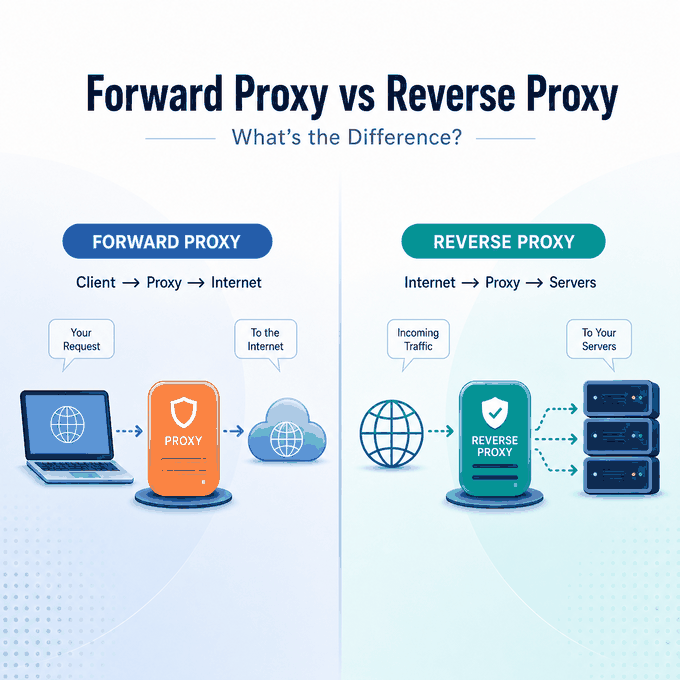 Forward proxy vs reverse proxy comparison showing client-side and server-side traffic flow