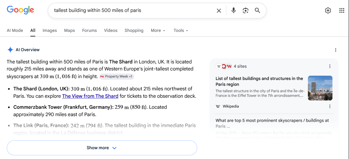 Google search results showing an AI Overview with cited sources