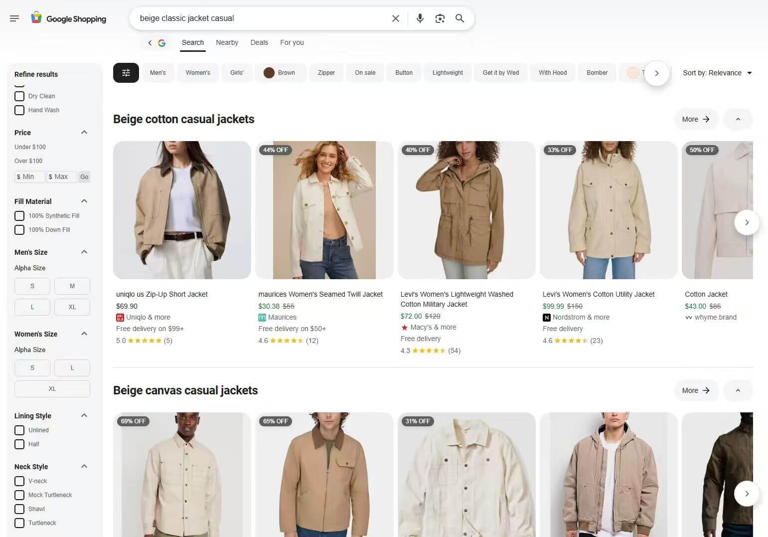 Google Shopping search results showing product listings in search
