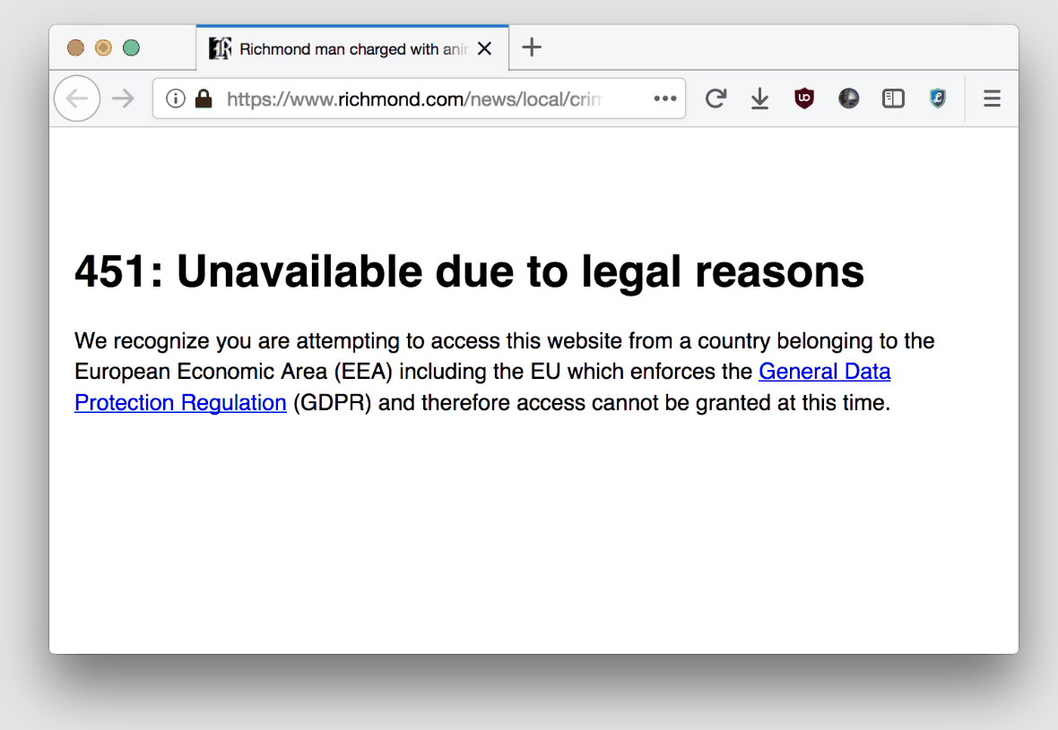 HTTP 451 unavailable due to legal reasons page shown in a web browser