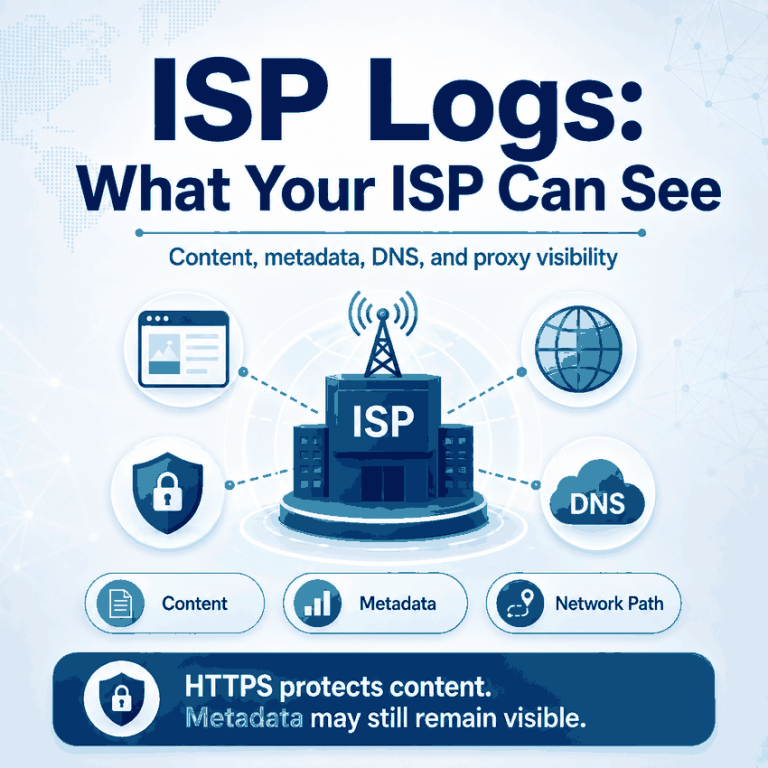 ISP logs and network visibility showing what an internet service provider may see, what HTTPS protects, and how DNS and proxy routing affect metadata