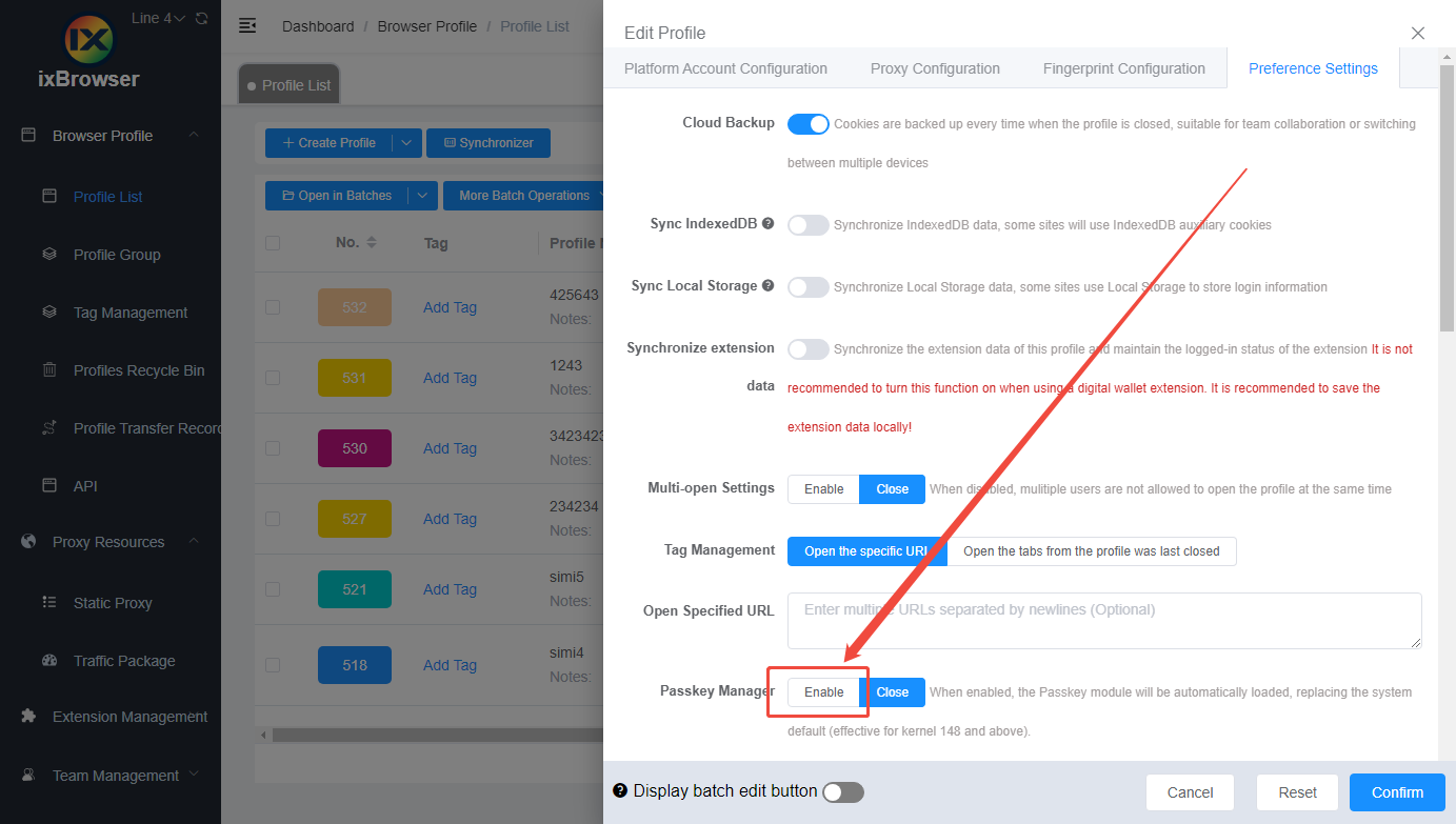 Enabling Passkey Manager in ixBrowser preferences