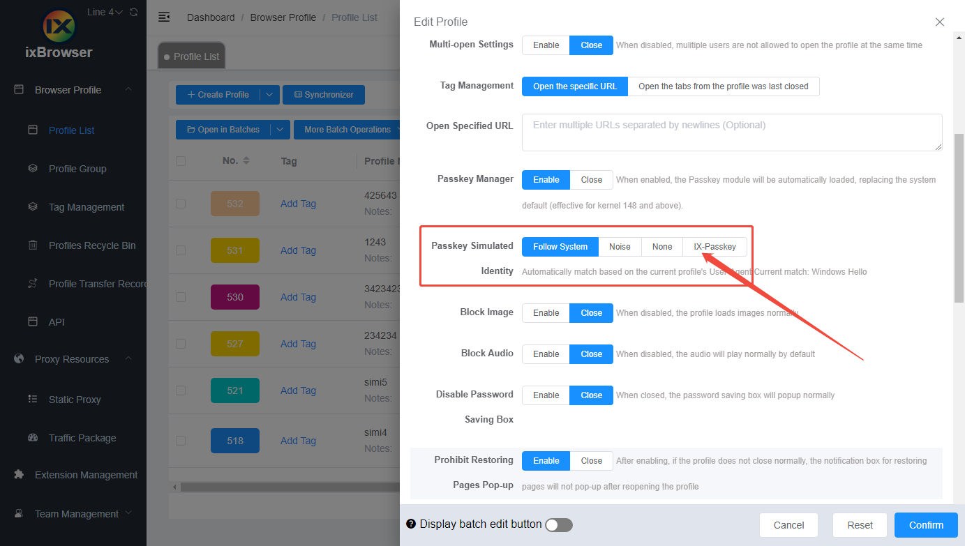 Selecting a Passkey AAGUID configuration mode in ixBrowser