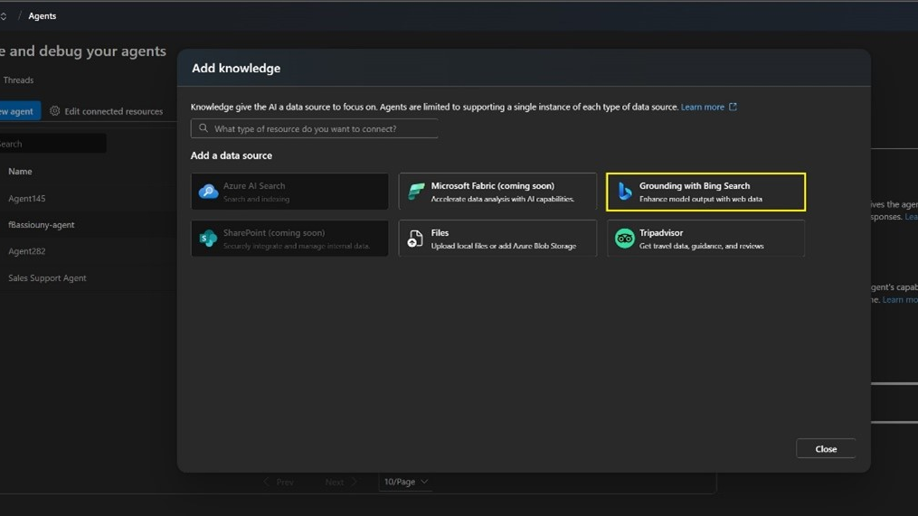 Microsoft Azure AI Foundry interface showing Grounding with Bing Search as a knowledge source for an AI agent.
