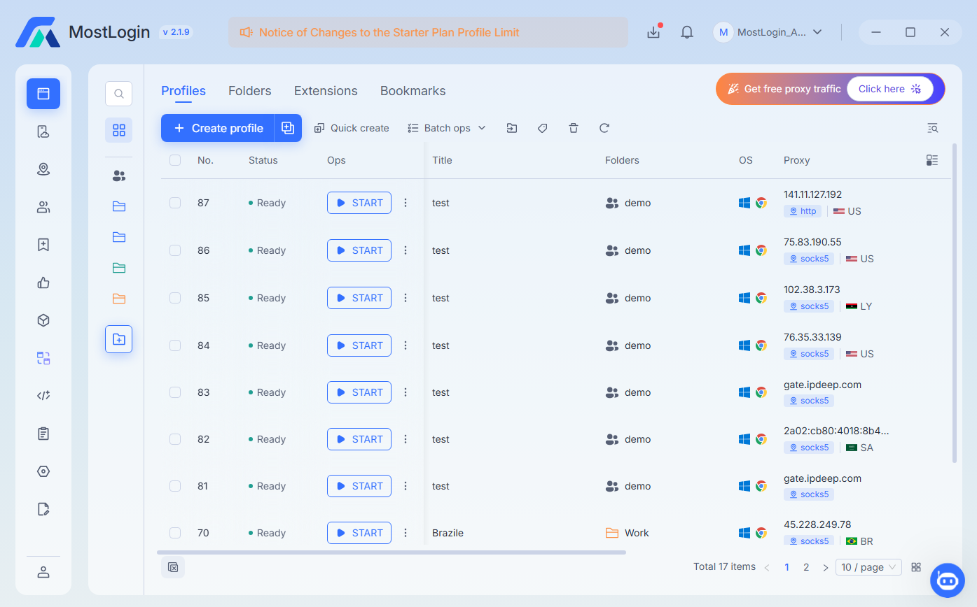 MostLogin browser profile management interface with proxy settings