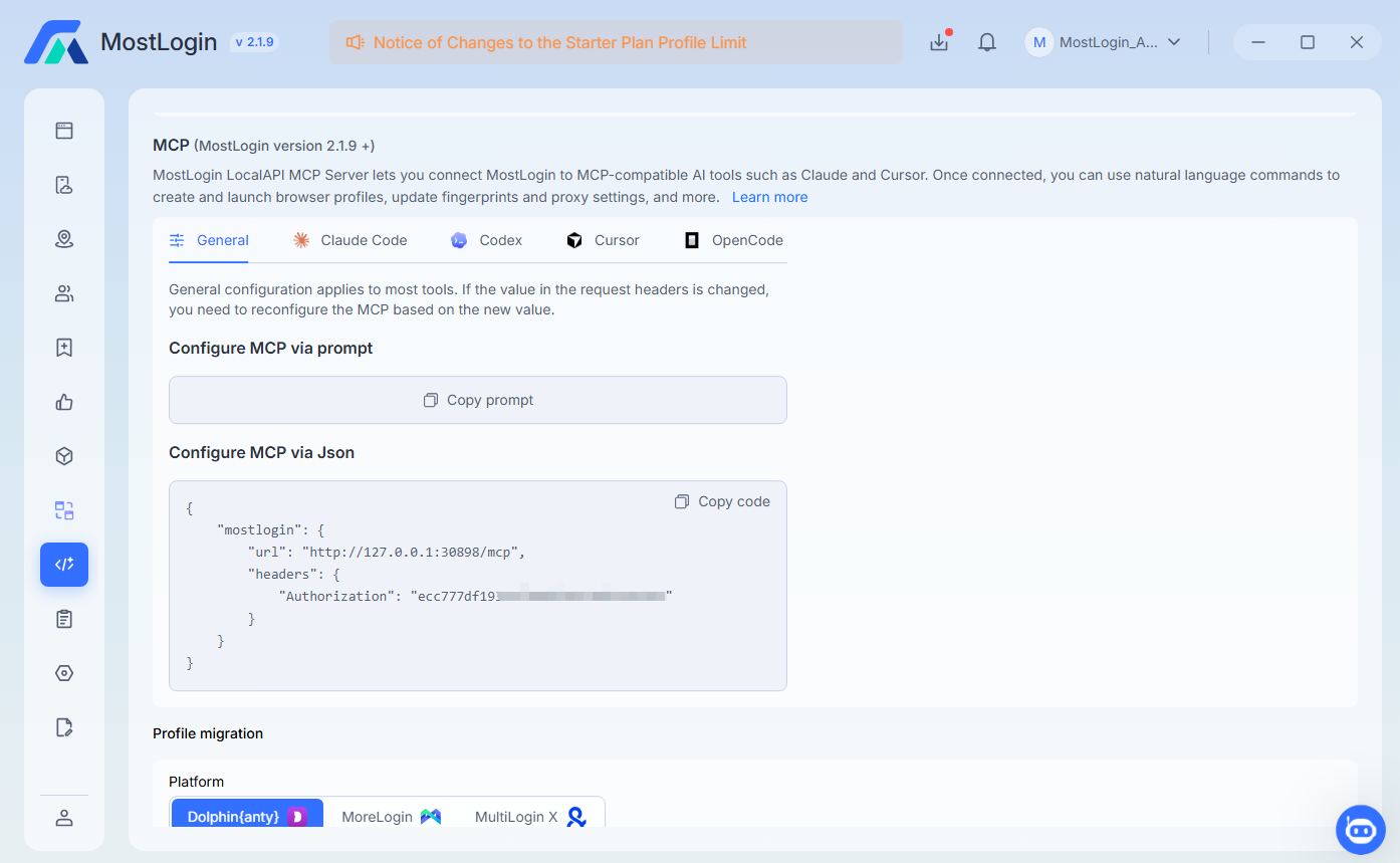 MostLogin MCP integration with Codex, Claude Code, Cursor, and OpenCode