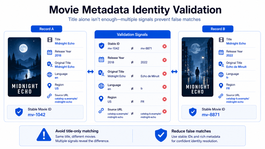Movie metadata identity validation using stable ID release year original title language region and source URL