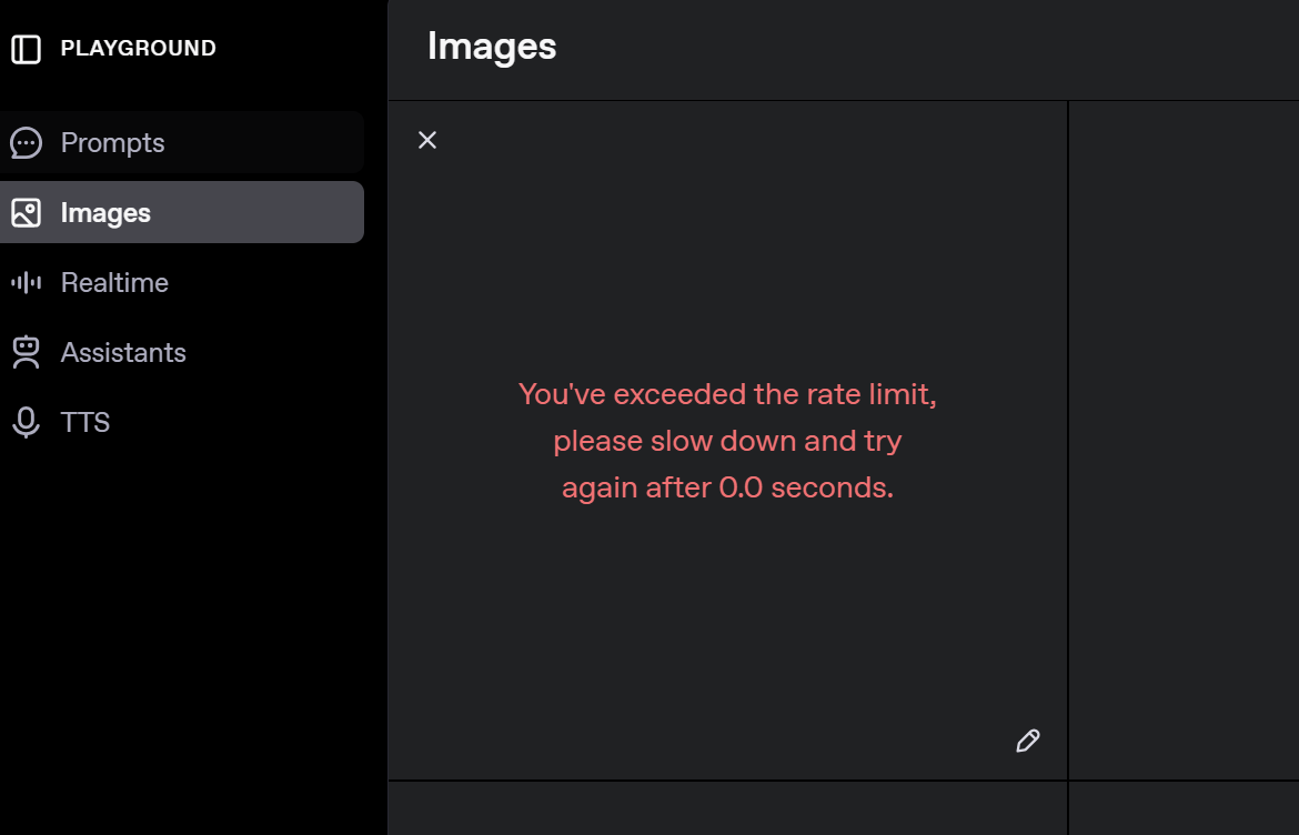 OpenAI API rate limit error asking the user to slow down and try again