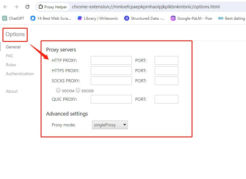 Proxy Helper extension settings showing HTTP, HTTPS, SOCKS4, SOCKS5, and proxy mode options