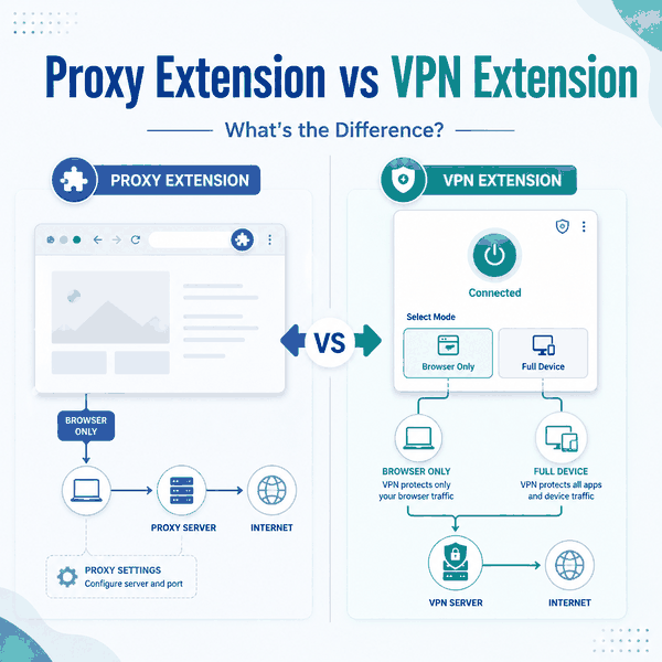 Proxy Extension vs VPN Extension comparison showing browser-only proxy routing and VPN extension modes