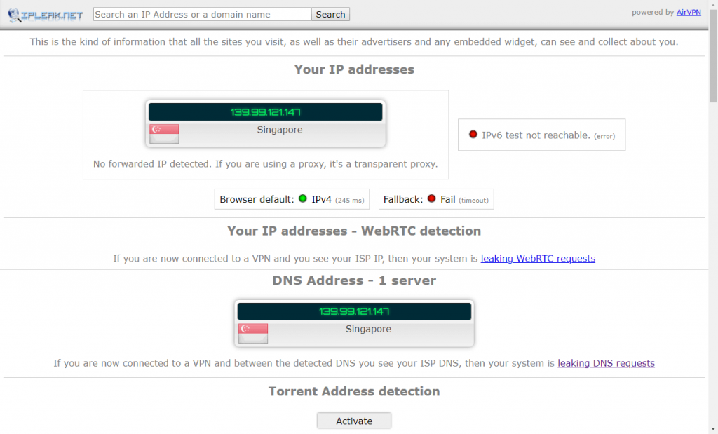 IPLeak test showing visible IP, WebRTC detection, DNS server, and IP location details